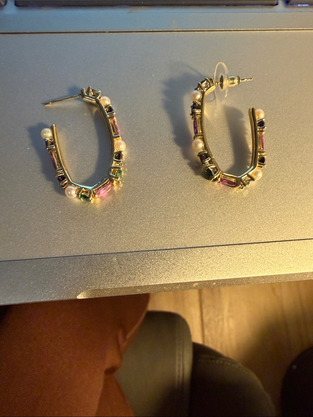 Gold Tone Multicolor Stone & Pearl Hoop Earrings